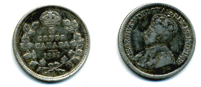 КАНАДА 5 ЦЕНТОВ 1917 ГЕОРГ V серебро 46-829
