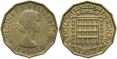 Великобритания 3 пенса 1967 Елизавета II (1952-2022) KM 900, Spink 4153 никель латунь 4171-551