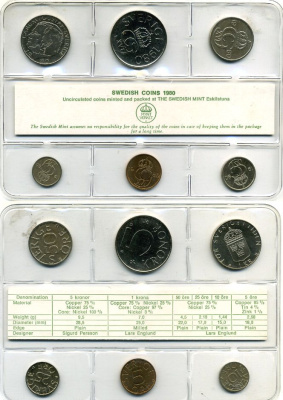 Швеция набор из 6 монет 1980 официальный набор монетного двора в пластике, Карл XVI Густав (1973- ) KM MS14 UNC UNC 2-4-1-06