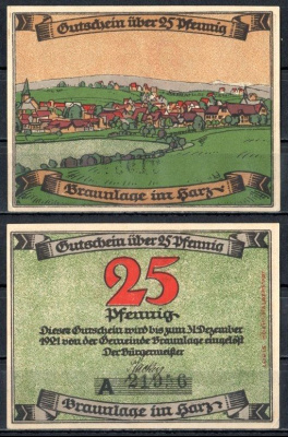 Браунлаге (Брауншвейг) 25 пфеннигов 1921 Mehl Grabowski 153.1-2/3 бумага UNC (пресс) 7556-54-3-1
