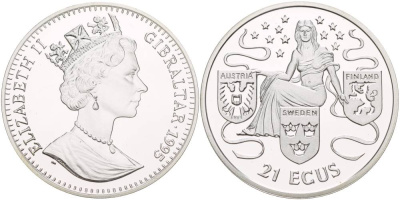 Гибралтар 21 экю 1995 ЕВРОПА И ТРИ ГЕРБА АВСТРИИ, ШВЕЦИИ И ФИНЛЯНДИИ, ПРОБА 925, ВЕС 19,2 ГР., ТИРАЖ 15000 ЭКЗ. KM 498 серебро PROOF 1088-9-64