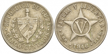 КУБА 5 СЕНТАВО 1946 ЗВЕЗДА, ПЕРВАЯ РЕСПУБЛИКА KM 11.3 медно-никель 4539-925