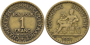 Франция 1 франк 1921 KM 876 алюминиевая бронза 4143-527