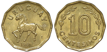 Уругвай 10 сентесимо 1981 KM 66 алюминиевая бронза 4169-524