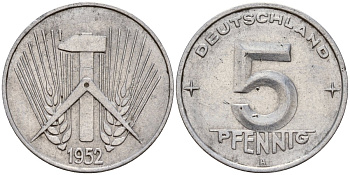 ГДР 5 пфеннигов 1952 A KM 6 алюминий 206-439