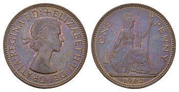 Великобритания 1 пенни 1962 Елизавета II (1952-2022) KM 897, Spink 4157 бронза 221-812
