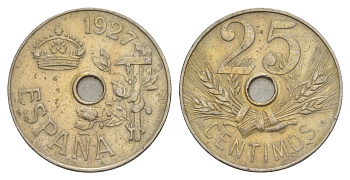 Испания 25 сентимо 1927 PC-S, Альфонсо XIII KM 742 медно-никель 4619-1143