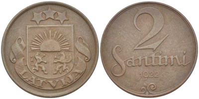 ЛАТВИЯ 2 САНТИМА 1922 ПЕРВАЯ РЕСПУБЛИКА (1918-1939) KM 2 бронза 119-137