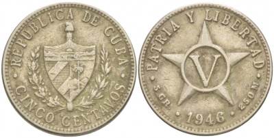 КУБА 5 СЕНТАВО 1946 ЗВЕЗДА, ПЕРВАЯ РЕСПУБЛИКА KM 11.3 медно-никель 4539-925