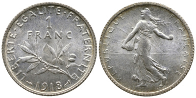 Франция 1 франк 1918 сеятель KM 844.1, Le Franc 217.24 серебро UNC 259-711