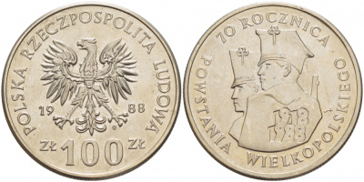 ПОЛЬША 100 ЗЛОТЫХ 1988 MW, 70 ЛЕТ ВЕЛИКОПОЛЬСКОГО ВОССТАНИЯ KM 182 медно-никель UNC 51-4233