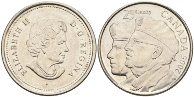 Канада 25 центов 2005 год ветеранов KM 535 никелированная сталь 4586-1036