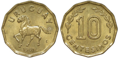 Уругвай 10 сентесимо 1981 KM 66 алюминиевая бронза 4169-524