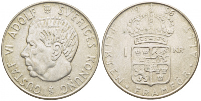 Швеция 1 крона 1956 TS, Густав VI Адольф (1950-1973) KM 826 серебро 175-1124