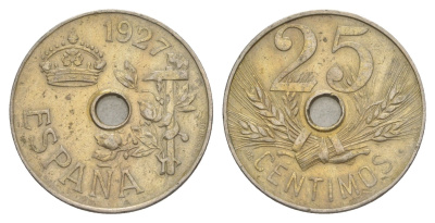 Испания 25 сентимо 1927 PC-S, Альфонсо XIII KM 742 медно-никель 4619-1143