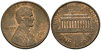 США 1 цент 1986 D, Линкольн KM 201b цинк плакированный медью 4136-311