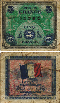 ФРАНЦИЯ 5 ФРАНКОВ 1944 СЕРИЯ DE Pick 115а бумага 8595-48-2-1