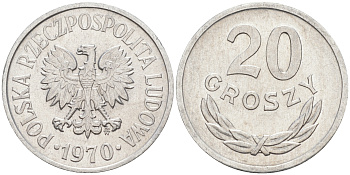 ПОЛЬША 20 ГРОШЕЙ 1970 MW KM A47 алюминий UNC 190-145