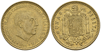 Испания 1 песета 1966 (75) Франциско Франко (1939-1975) КМ 796 алюминиевая бронза 85-652