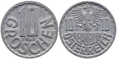 Австрия 10 грошей 1963 KM 2878 алюминий 4392-1269
