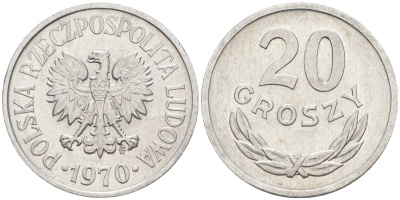 ПОЛЬША 20 ГРОШЕЙ 1970 MW KM A47 алюминий UNC 190-145
