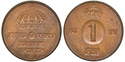 Швеция 1 эре 1962 Густав VI Адольф (1950-1973) KM 820 бронза 4596-335