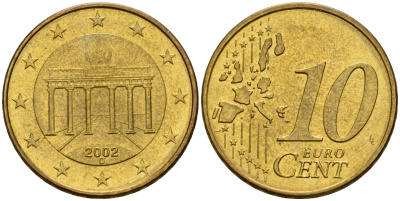 ФРГ 10 евроцентов 2002 D КМ 210 латунь  UNC  4598-152