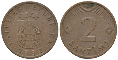 Латвия 2 сантима 1992 KM 21 сталь плакированная медью 4621-346