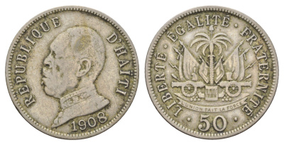Гаити 50 сантимов 1908 Президент Пьер Нор Алексис KM 56 медно-никель 27-351