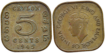 ЦЕЙЛОН 5 ЦЕНТОВ 1945 ГЕОРГ VI KM 113.2 никель латунь 4387-311