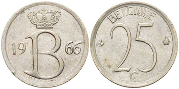БЕЛЬГИЯ 25 САНТИМОВ 1966 BELGIQUE KM 153.1 медно-никель 201-1263