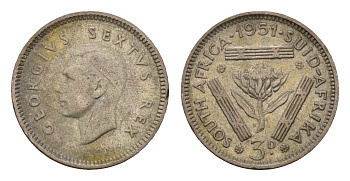 ЮАР 3 пенса 1951 Георг VI (1936-1952) KM 35.2 серебро 4549-862