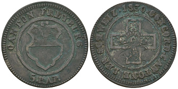 Швейцарские кантоны 5 раппенов 1830 кантон Фрибур KM 87 серебро    4584-333