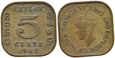 ЦЕЙЛОН 5 ЦЕНТОВ 1945 ГЕОРГ VI KM 113.2 никель латунь 4387-311