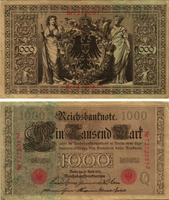 ГЕРМАНИЯ 1000 МАРОК 1910 21 АПРЕЛЯ 1910, СЕМИЗНАЧНЫЙ НОМЕР, СЕРИЯ J Pick 44b бумага 8610-15-1