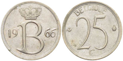 БЕЛЬГИЯ 25 САНТИМОВ 1966 BELGIQUE KM 153.1 медно-никель 201-1263