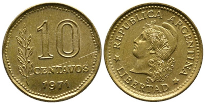Аргентина 10 сентаво 1971 голова свободы влево KM 66 алюминиевая бронза 4528-246