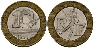 Франция 10 франков 1991 тип Гений Бастилии KM 964.1, Le Frank 375.6 биметалл 4138-335