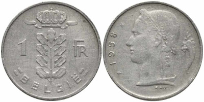 Бельгия 1 франк 1958 Belgie, Бодуэн I (1951-1993) KM 143.1 медно-никель 4175-251
