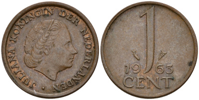 Нидерланды 1 цент 1963 Юлиана (1949-1980) KM 180 бронза    4598-228