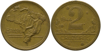 Бразилия 2 крузейро 1944 KM 559 алюминиевая бронза 4577-443