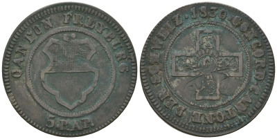 Швейцарские кантоны 5 раппенов 1830 кантон Фрибур KM 87 серебро    4584-333