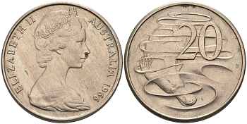 Австралия 20 центов 1966 Елизавета II (1952-2022), утконос KM 66 медно-никель 4565-816