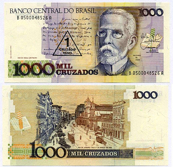 БРАЗИЛИЯ 1 КРУЗАДО НОВЫЙ 1989 НАДПЕЧАТКА НА 1000 КРУЗАДО, ПОДПИСЬ 26, СЕРИЯ В0500, МАЧАДО де АССИС Pick 216b бумага UNC (ПРЕСС) 6262-37-2-1