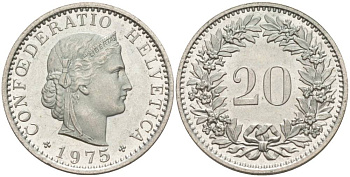 Швейцария 20 раппенов 1975 KM 29a медно-никель 55-946