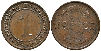 ГЕРМАНИЯ 1 РЕЙХСПФЕННИГ 1925 E KM 37, J. 313 бронза 39-867