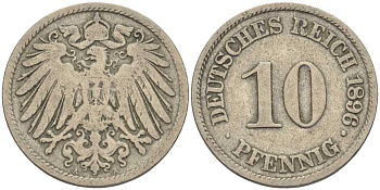 ГЕРМАНИЯ 10 ПФЕННИГОВ 1896 A KM 12, J. 13 медно-никель 4401-946