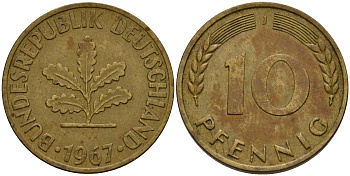 ФРГ 10 пфеннигов 1967 J J. 383, KM 108 сталь плакированная латунью    4603-333