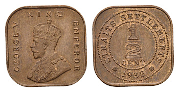 Стрейтс-Сетлментс (Стрейтс Сетлментс) 1/2 цента 1932 Георг V (1910-1936), год-тип KM 37 бронза UNC 443-1235