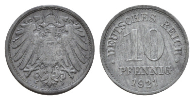 Германия 10 пфеннигов 1921 KM 26, J. 299 цинк 4636-1136